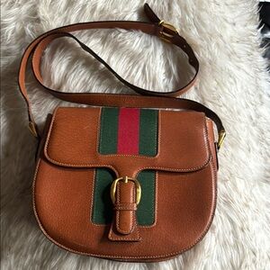 Brown Leather Crossbody Bag with Green and Red Stripe